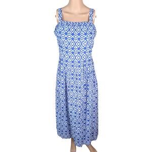 Brooks Brothers Blue White Ikat Cotton Twill Pintuck A-Line Midi Dress Size 4